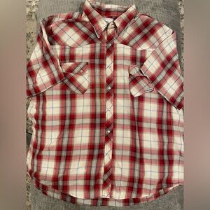 Wrangler Red and White Plaid Casual Pearl Snap Shirt Size 4XL see measurements